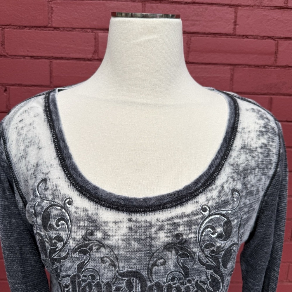 Harley Davidson Chrome Fade Sheer‎ Knit Shirt Women Small Pocket Long Sleeve - Picture 3 of 9